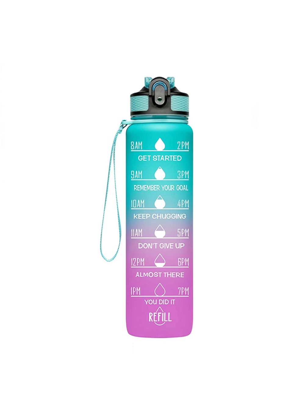 Gradient Teal to Purple Motivational Water Bottle with Time Markings